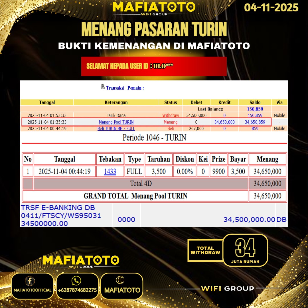 MAFIATOTO JACKPOT TOGEL PASARAN TURIN RP.34.000.000 - LUNAS ID : ULO***