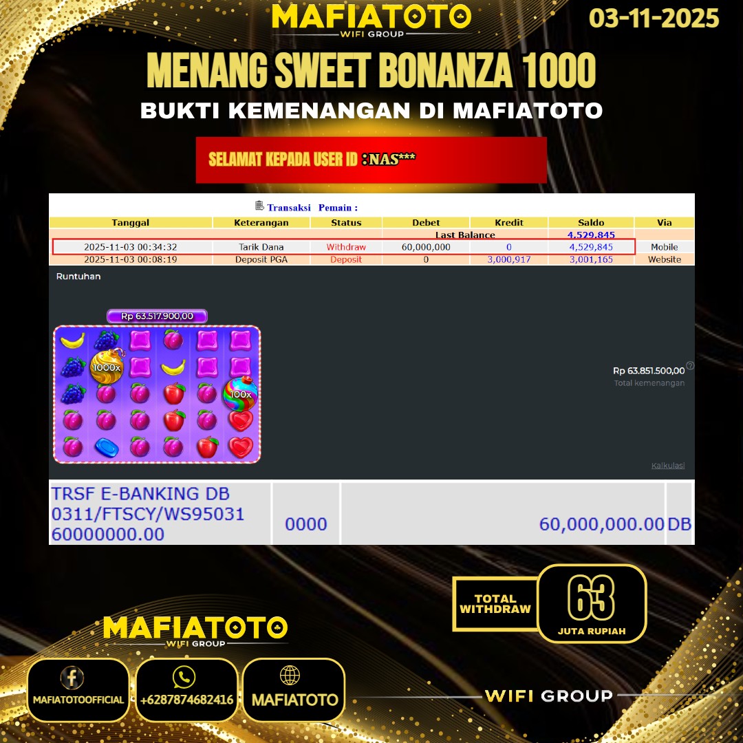  MAFIATOTO JACKPOT SLOT SWEET BONANZA 1000 RP.63.000.000 - LUNAS ID : NAS***