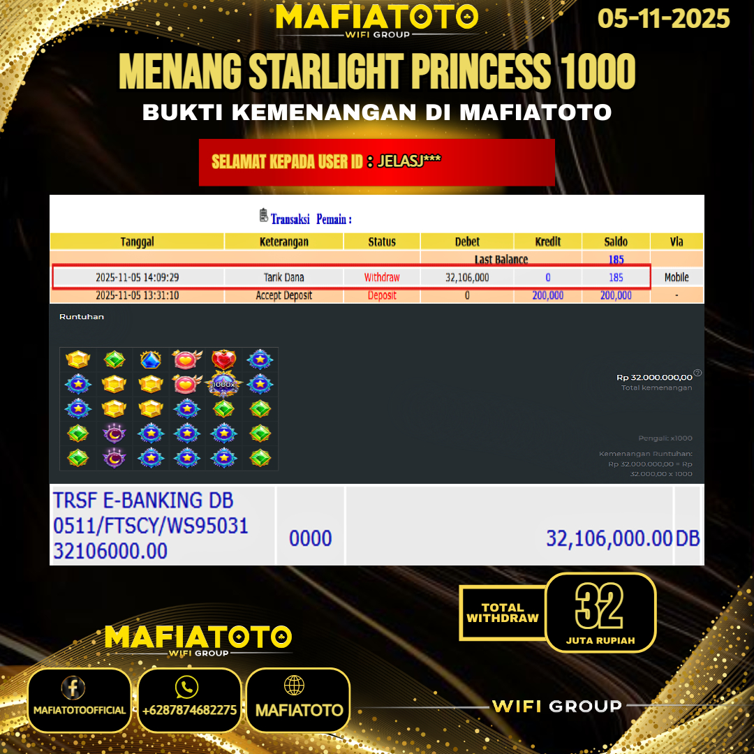 MAFIATOTO JACKPOT SLOT STARLIGHT PRINCESS 1000 RP.32.000.000 - LUNAS ID : JELASJ***