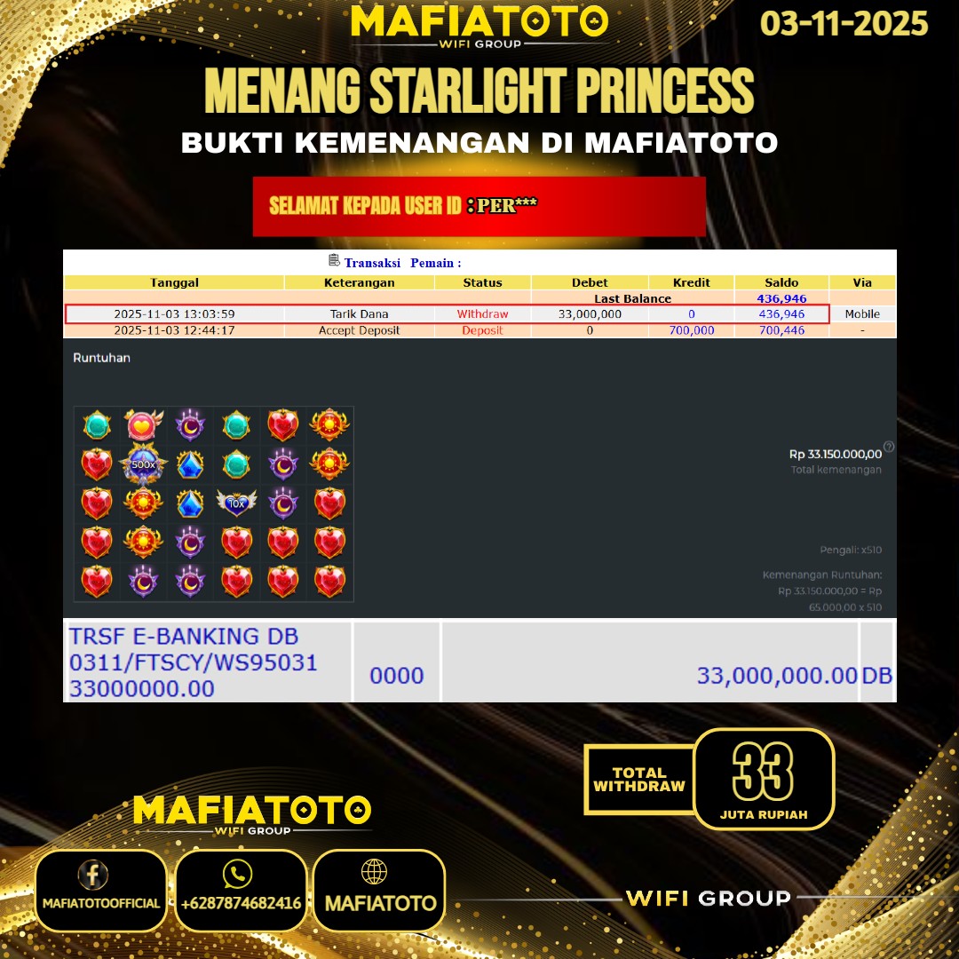  MAFIATOTO JACKPOT SLOT STARLIGHT PRINCESS RP.33.000.000 - LUNAS ID : PER***