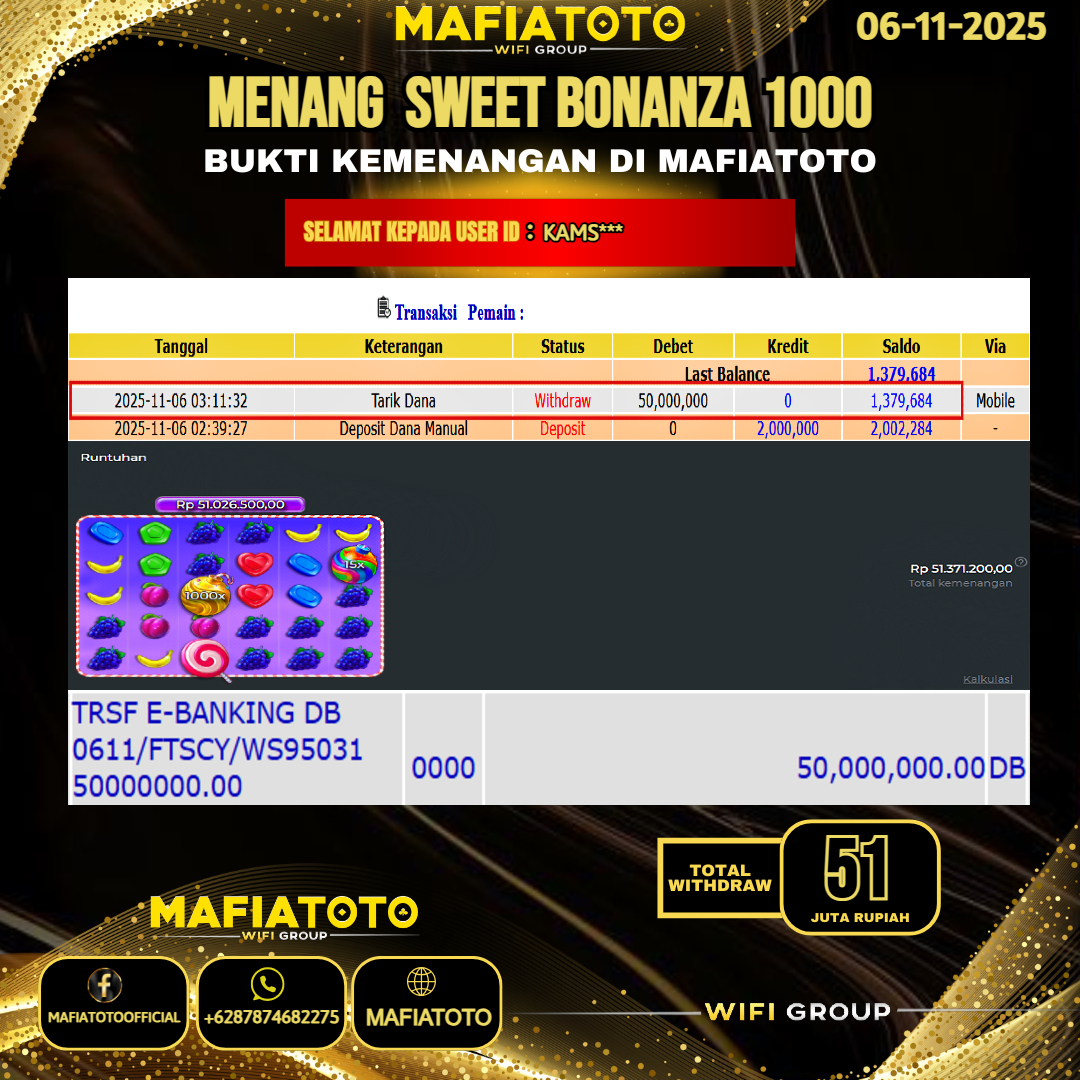 MAFIATOTO JACKPOT SLOT SWEET BONANZA 1000 RP.51.000.000 - LUNAS ID : KAMS***