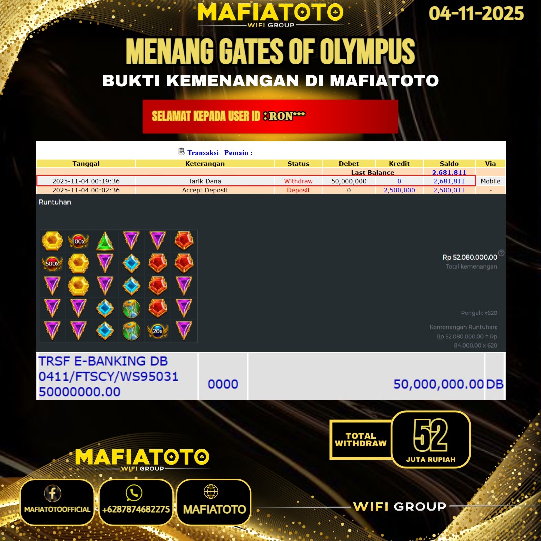  MAFIATOTO JACKPOT SLOT GATES OF OLYMPUS RP.52.000.000 - LUNAS ID : RON***