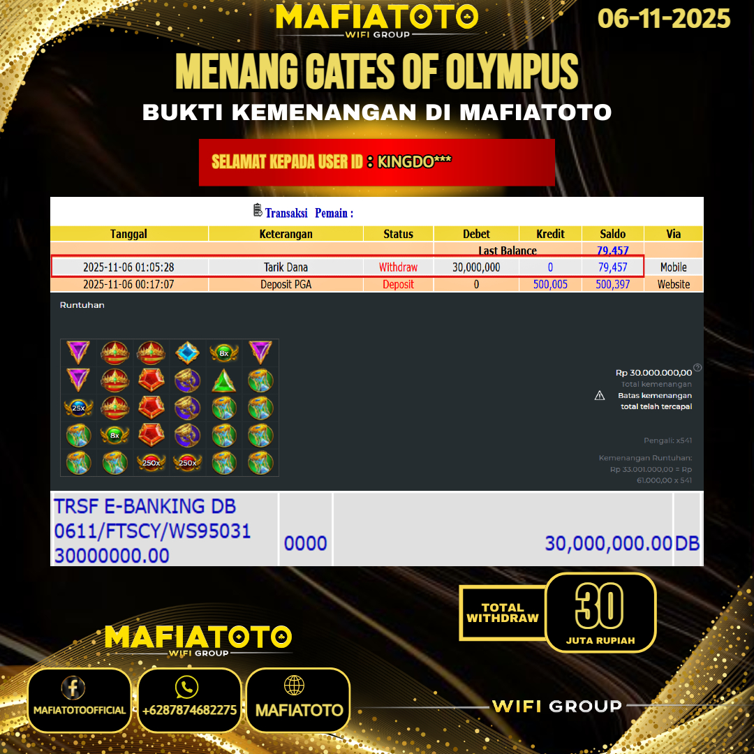 MAFIATOTO JACKPOT SLOT GATES OF OLYMPUS RP.30.000.000 - LUNAS ID : KINGDO***