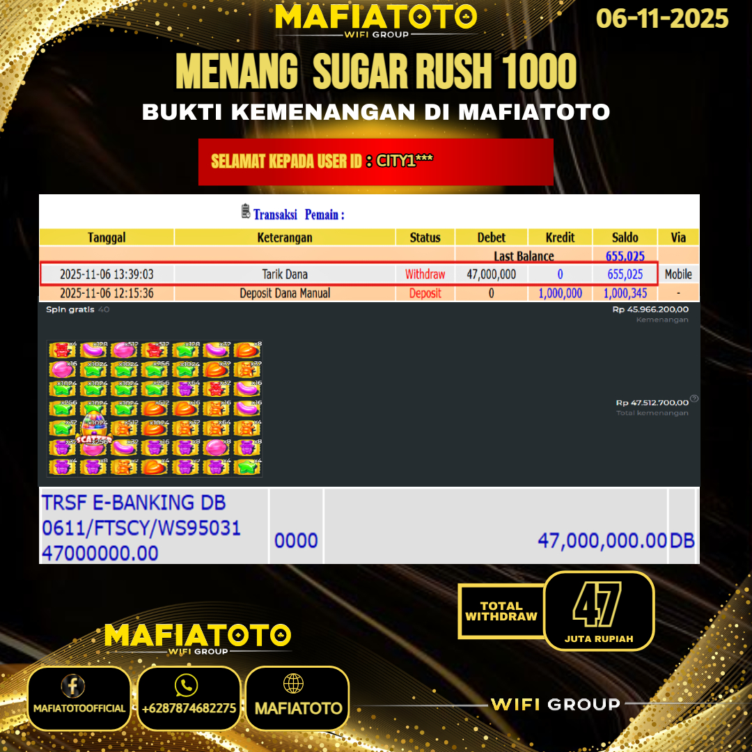 MAFIATOTO JACKPOT SLOT SUGAR RUSH 1000 RP.47.000.000 - LUNAS ID : CITY1***